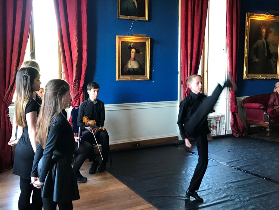 Michael Flatley was never in it! These high kicks are amazing - so fast that even the camera had difficulty keeping up. The Cresham School of Dancers pictured providing a showcase to a group in May 2017 in the Long Gallery of Westport House.