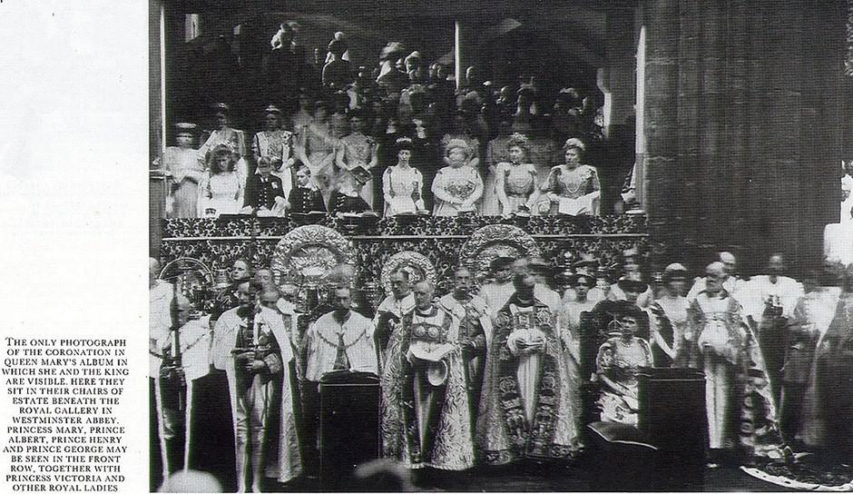 The only photograph of the Coronation of King George V in Queen Mary's albumn in which she and the king are visible. Coronation chairs on display in Westport House, Ireland. 