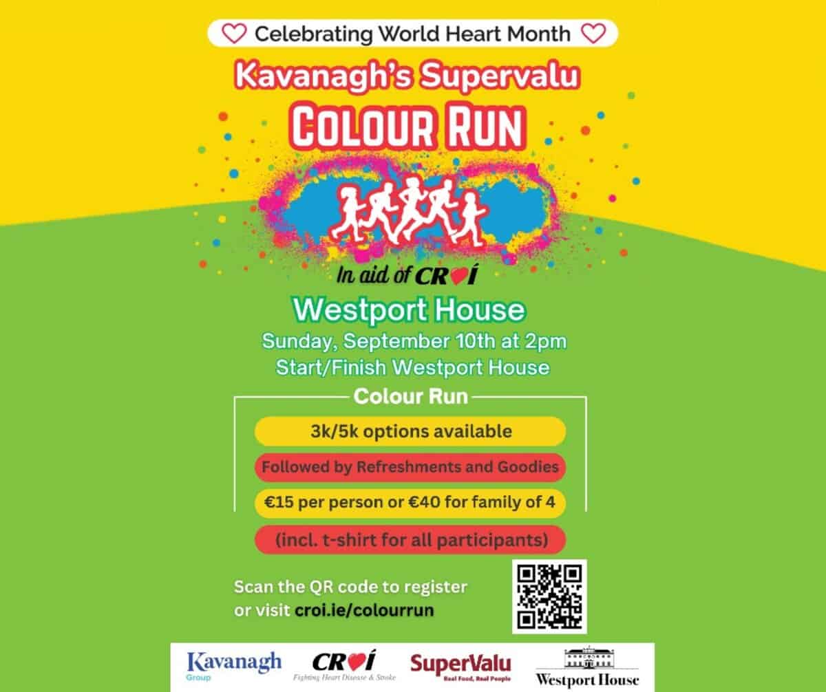 Register for Kavanagh's Supervalu Colour Run 2023 in aid of Croí, taking place at Westport House on September 10th 