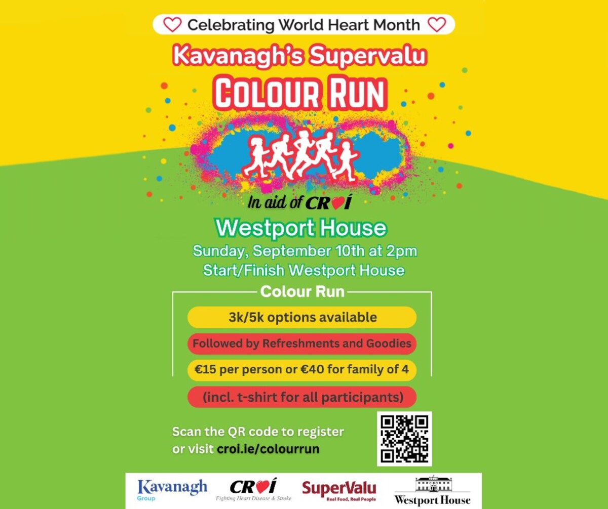 Register for Kavanagh's Supervalu Colour Run 2023 in aid of Croí, taking place at Westport House on September 10th 