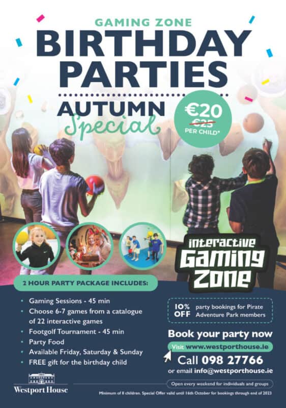 Save €5 on your birthday party booking this autumn at The Interactive Gaming Zone at Westport House 