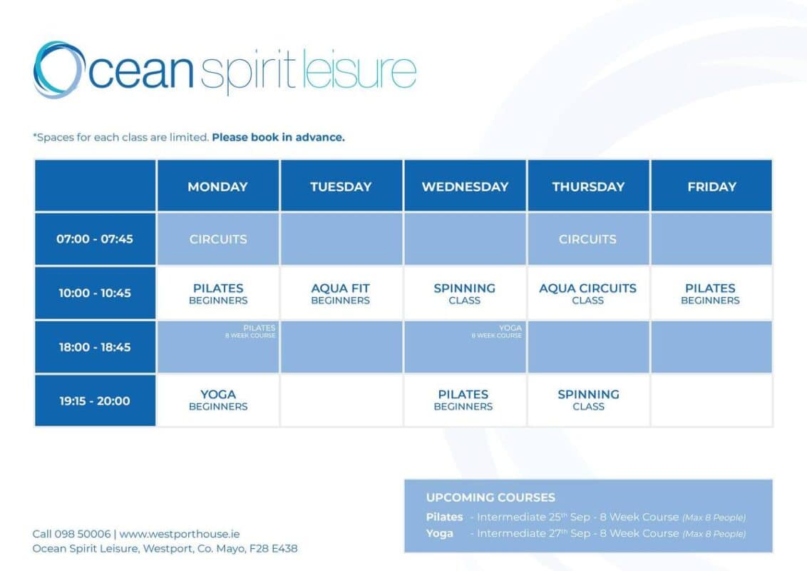 Autumn 2023 Fitness Timetable, Ocean Spirit Leisure Centre in Westport 